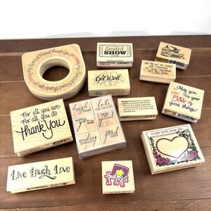 Set of 18, Wood Rubber Stamps Lot, Friend Love Hope Thank You Get‎ Well +